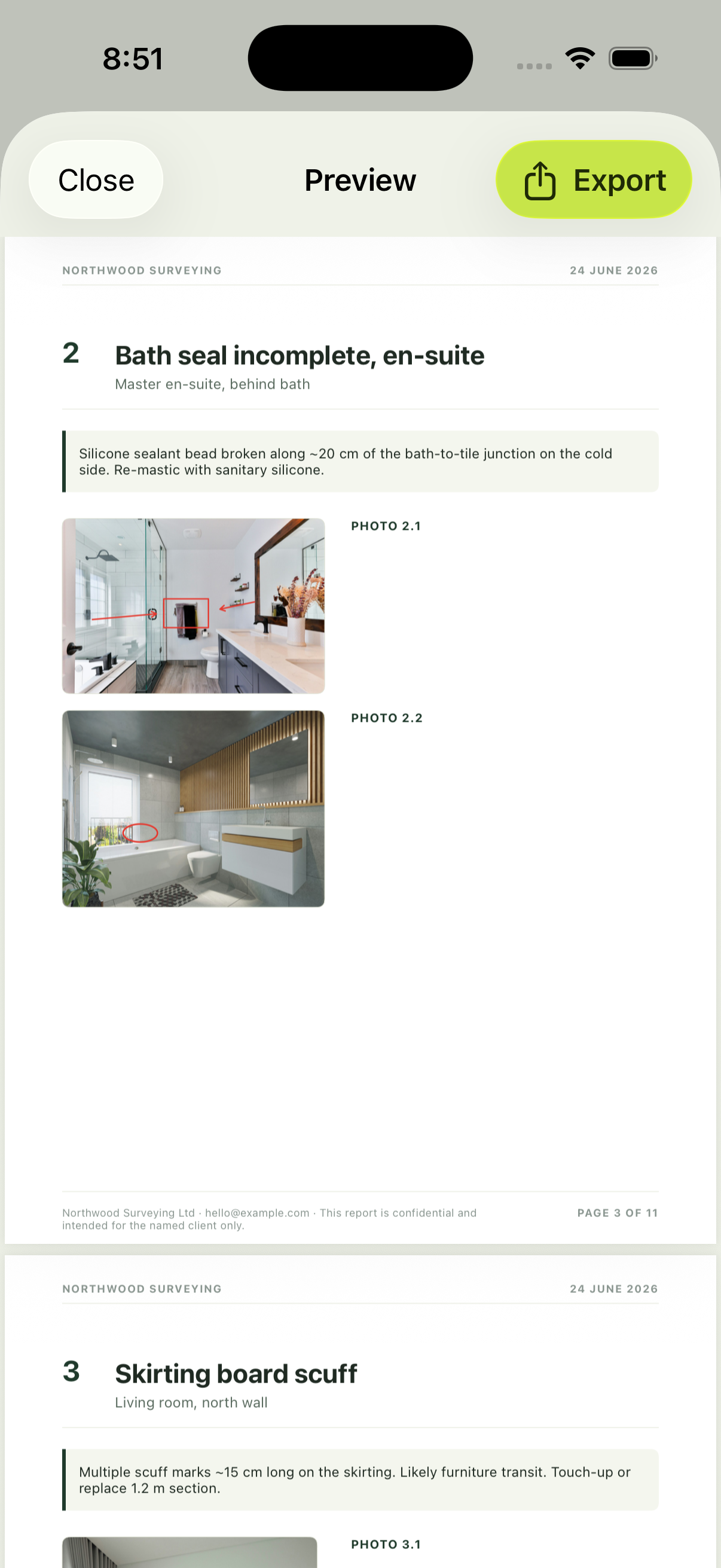 A branded multi-page PDF snag report open in SnagDesk
